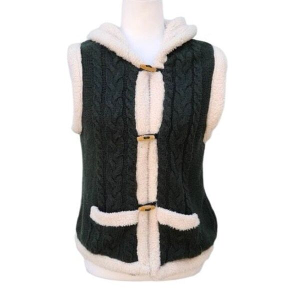 Carducci Cable Knit Green Vest Cream Faux Fur Trim Lined Hood Women’s Size Large - Picture 9 of 11